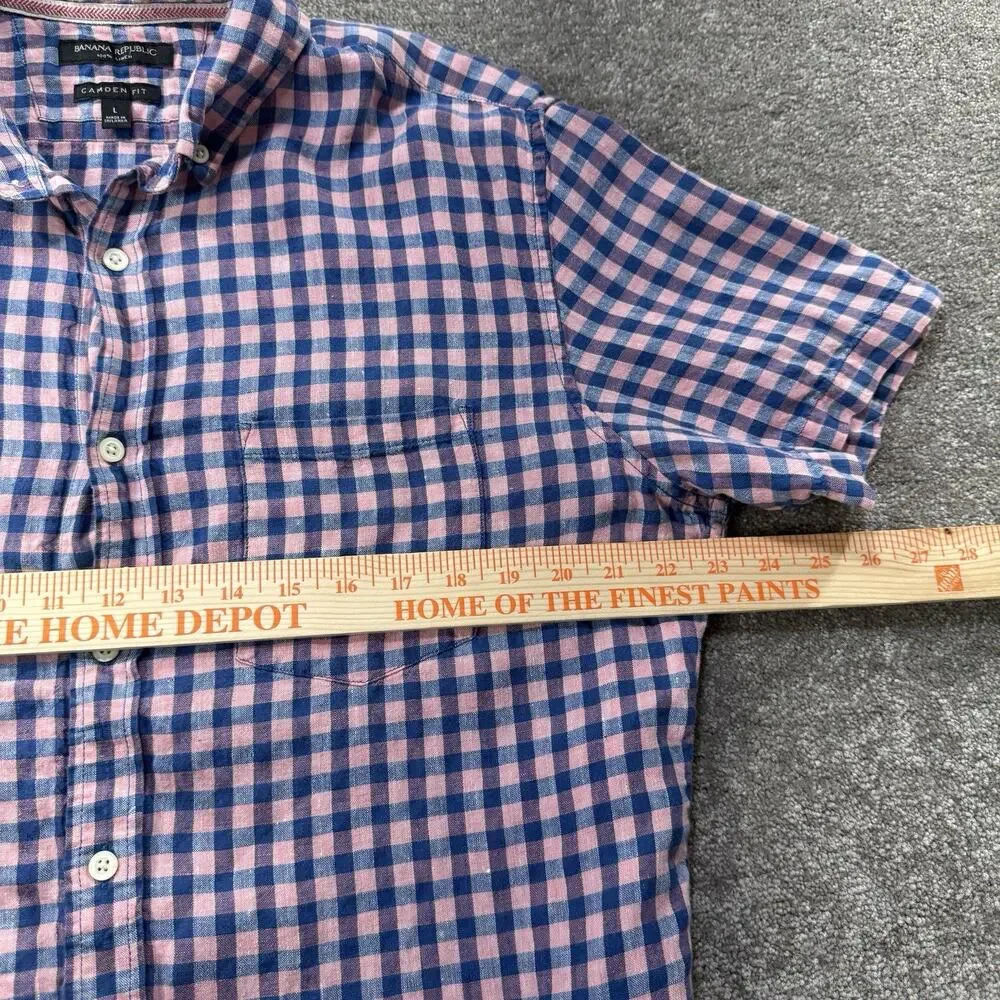 Banana Republic Camden Fit Linen Shirt Mens L Short Sleeve Pink‎ Blue Plaid